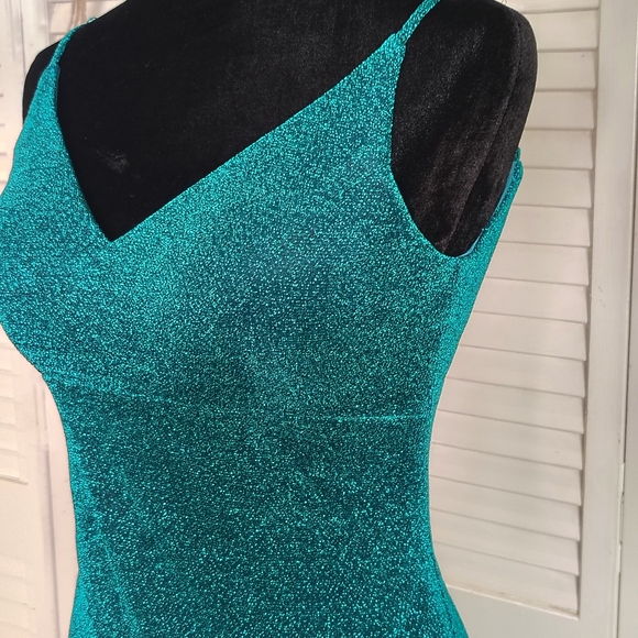 Stunning Teal Glitter Prom Dress with High Slit - Picture 7 of 15